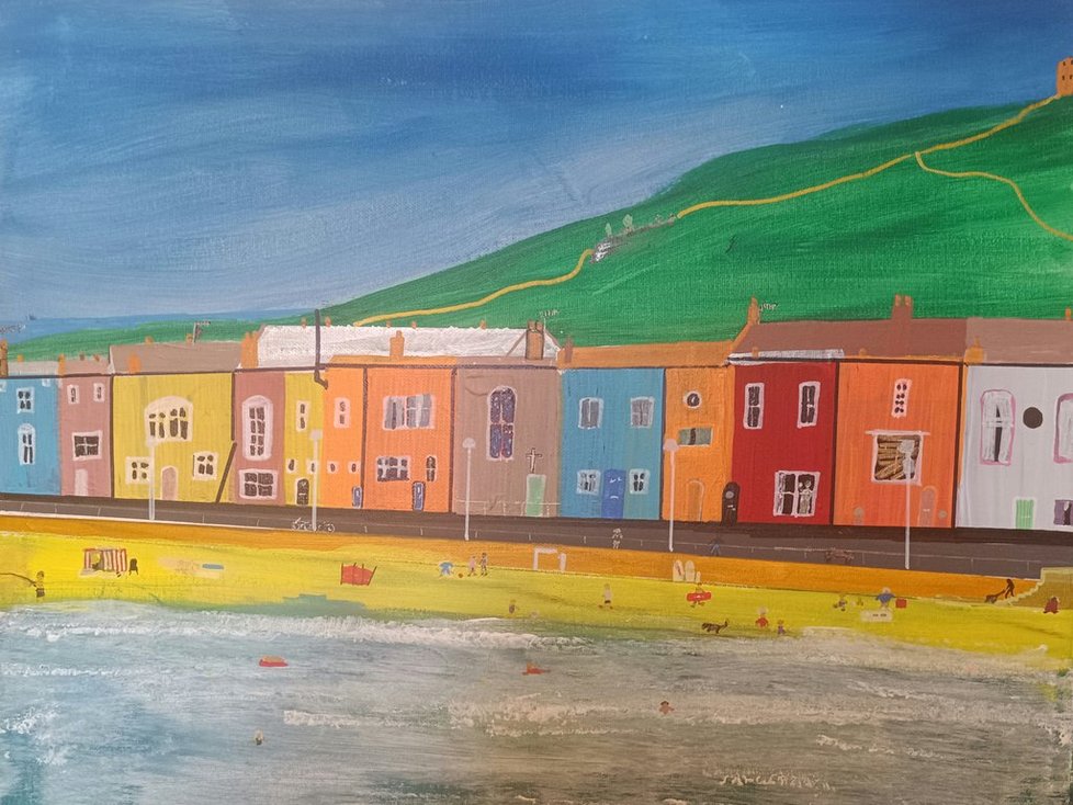 An acrylic painting of a seaside town